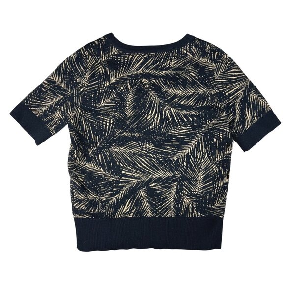 Michael Michael Kors Black Gold Palm Print Short Sleeve Knit Sweater Top Medium - Picture 2 of 12